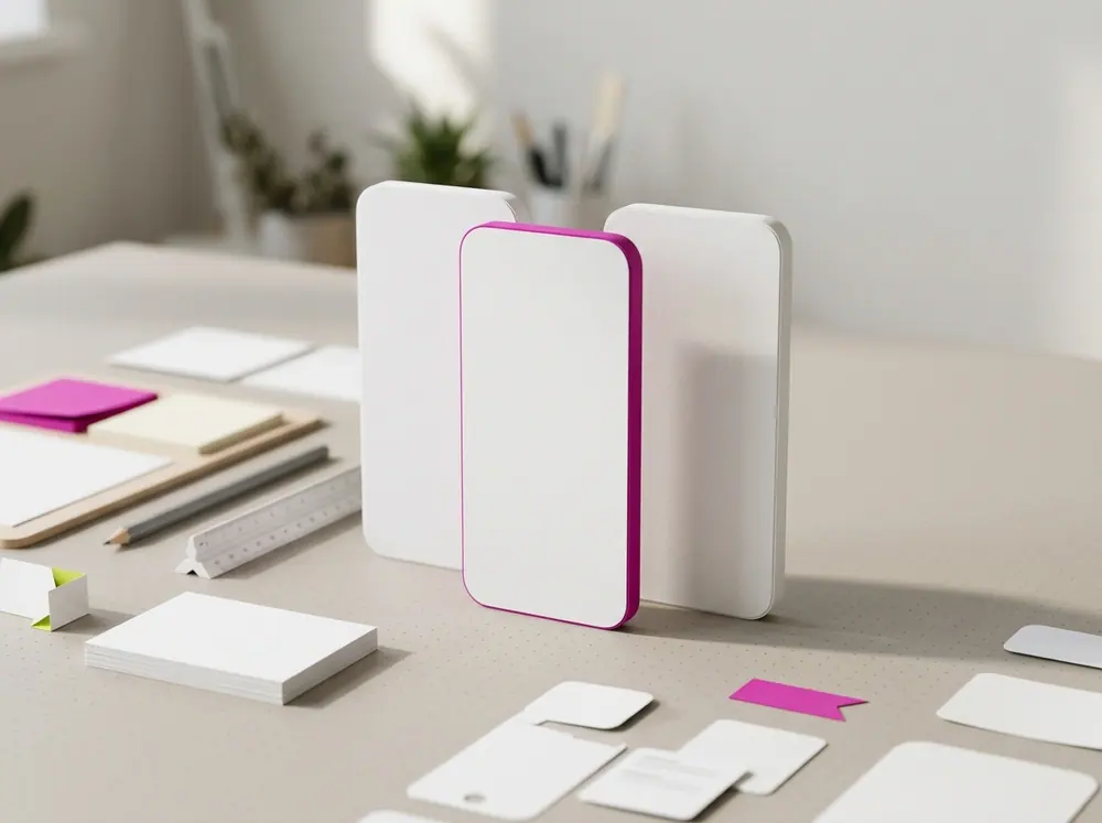 Kademeli sırayla dik duran üç boş beyaz telefon biçimli blok, birinin kenarı magenta