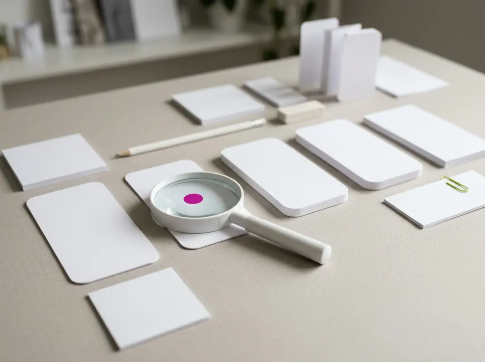 Bir sıra boş kâğıt telefon ekranı üzerinde beyaz büyüteç, bir ekranda küçük magenta daire
